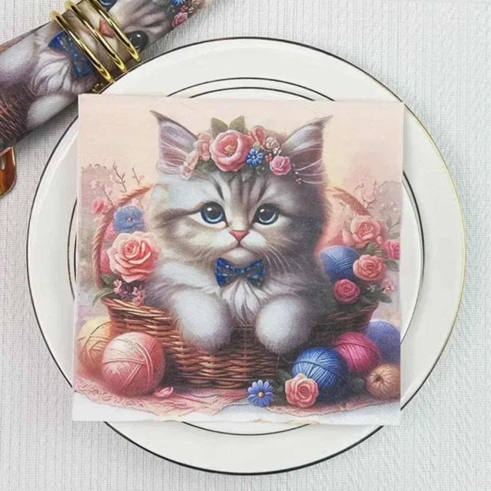 Rose Sweet Bow Tie Kitten w Yarn in Basket Luncheon Paper Napkins, 20 ct